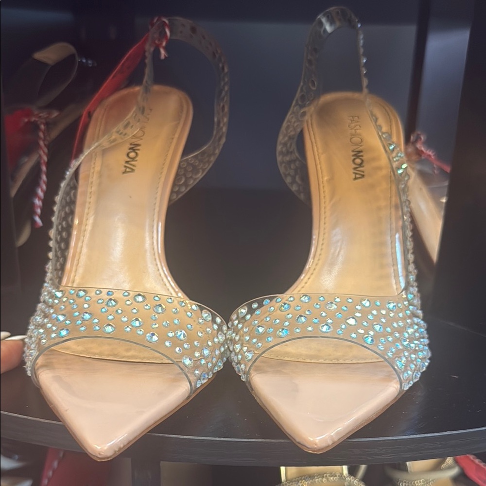 Fashion Nova Nude and Blue Embellished Heels